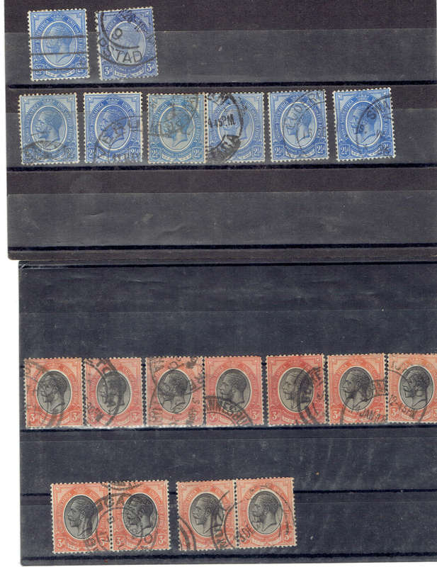 1913  1/2d used  x 13,1d used x 13,2.5d  x 6, 3d blue x 2, 3d orange x 6 used and 2 pairs CV R140