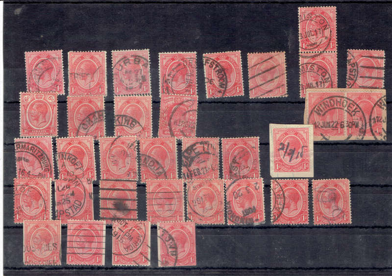 1913 UNION of S A 31 x 1d used singles and 2 pairs see scan for diff shades and watermarks