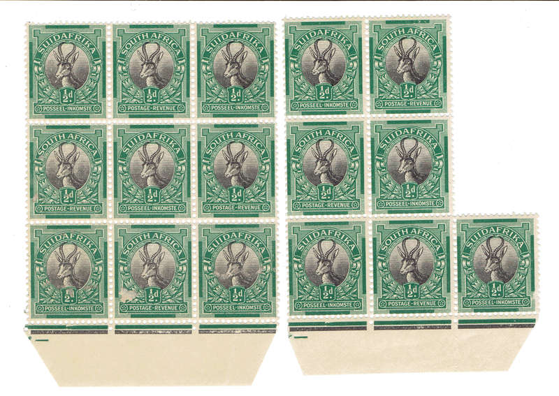1926 UNION OF S A 1/2d MNH marginal blocks of 9 xnd 7 see scan CC29L CV R660