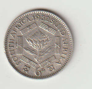 1932 UNION of S A 6 pence  80% silver in VF+ graDE
