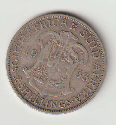 1933 UNION of S A 2 shillings in 80% silver in F grade RARE DATE