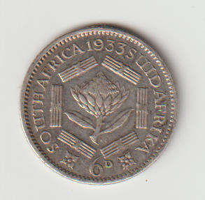 1933 UNION of S A 6d  80% silver in EF grade