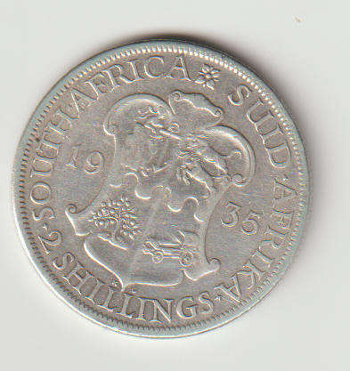 1935 UNION of S A 2 shillings in 80% silver in VF grade