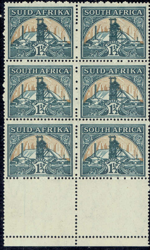 1936 UNION of S A 1 1/2d bottom marginal block of 6 MNH  CC 57 CV R550