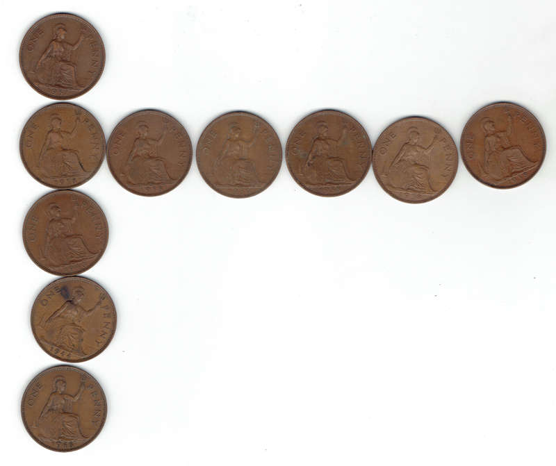 1937,1938 x 6,1940,191944,1946 Great Britain pennies all in VF+ grde