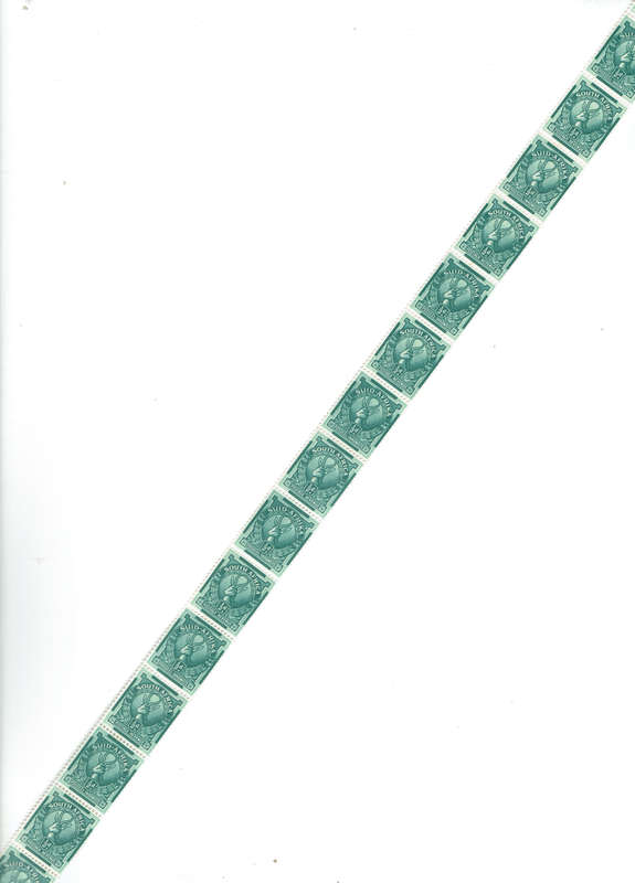 1943 UNION of S A 1/2 penny monocolor strip of 16 coil stamps MNH CC 104 CV R382
