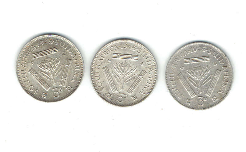 1945 UNION of S A  3 x 3d all in EF grade