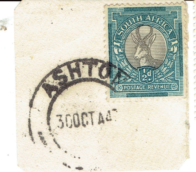 1944 UNION of S A 1/2d on piece cancelled at ASHTON on 30 OCT 44