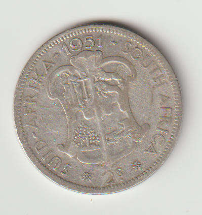 1951 UNION of S A 2 shillings in 80% silver in VF + grade