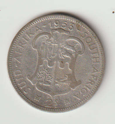 1953 UNION of S A 2 shillings in 50% silver in VF grade
