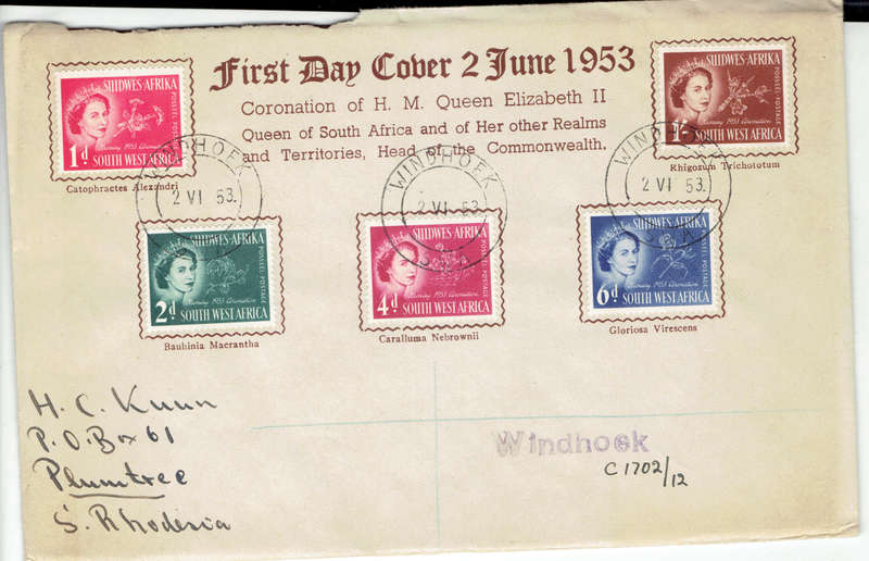 1952 ,1953 S W A Landing of v Riebeeck , Cor of Q E ll  (Damaged at back) CC 172-176,177-181 CVR240