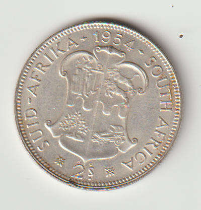1954 UNION OF S A 2 SHILLINGS 50% SILVER IN AU GRADE