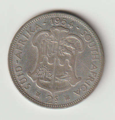 1954 UNION OF S A 2 SHILLINGS 50% SILVER IN VF  GRADE