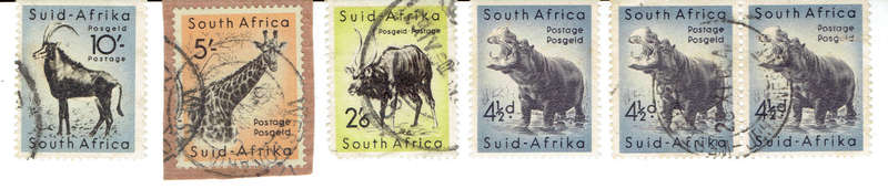 1954 Union of S A 4 1/2d u pair  1 sing MNH,2s6d u single,5s and 10s used sing CC  156-163 CV R100
