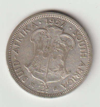 1957 UNION OF S A 2 SHILLINGS 80% SILVER  IN VF GRADE