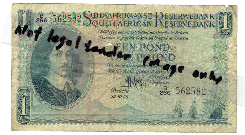 1956 UNION of S A 1 Pound signed by M H de Kock in VF_ grade