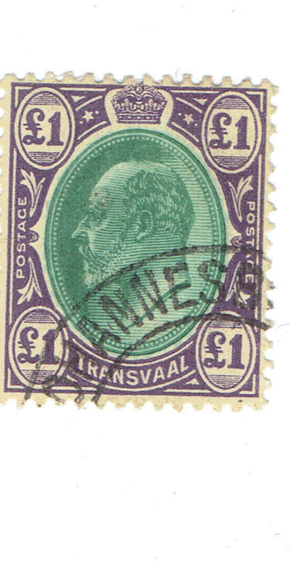 1908 TRANSVAAL 1 pound dark green and violet used single(not sure it is genuine) CC278a CV R650
