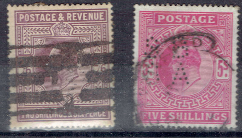 1902 ENGLAND K E Vll 2s 6d and 5s used singles SG 316,263 CV GBP170 pounds (R3900)