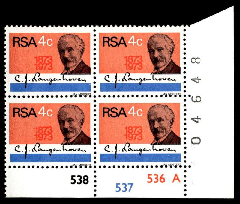 RSA 1973/08/01 Birth Centenary of C.J. Langenhoven Composer of the National Anthem 4c Control Blocks