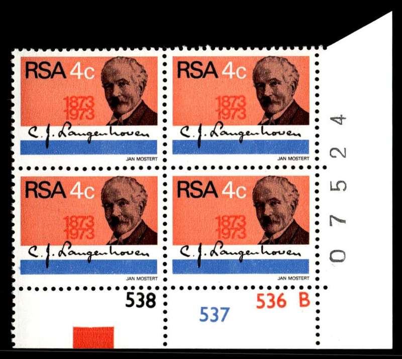 RSA 1973/08/01 Birth Centenary of C.J. Langenhoven Composer of the National Anthem 4c Control Blocks