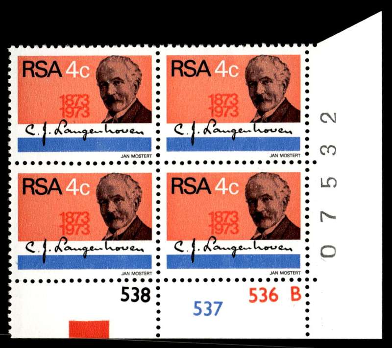 RSA 1973/08/01 Birth Centenary of C.J. Langenhoven Composer of the National Anthem 4c Control Blocks