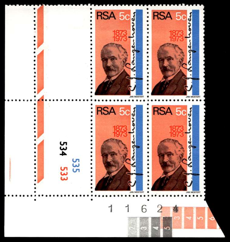 RSA 1973/08/01 Birth Centenary of C.J. Langenhoven Composer of the National Anthem 5c Control Blocks