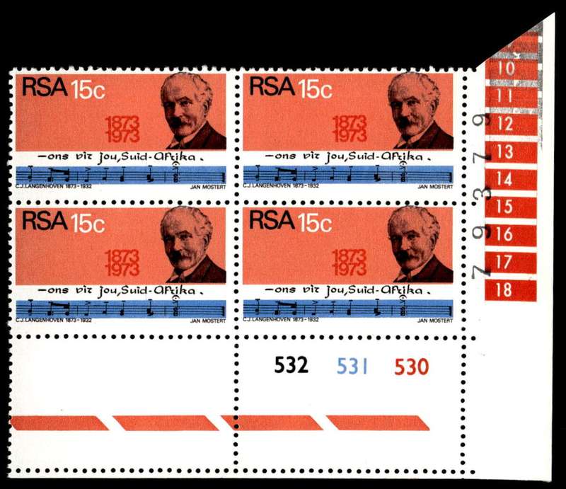 RSA 1973/08/01 Birth Centenary of C.J. Langenhoven Composer of the National Anthem 15c Control Block
