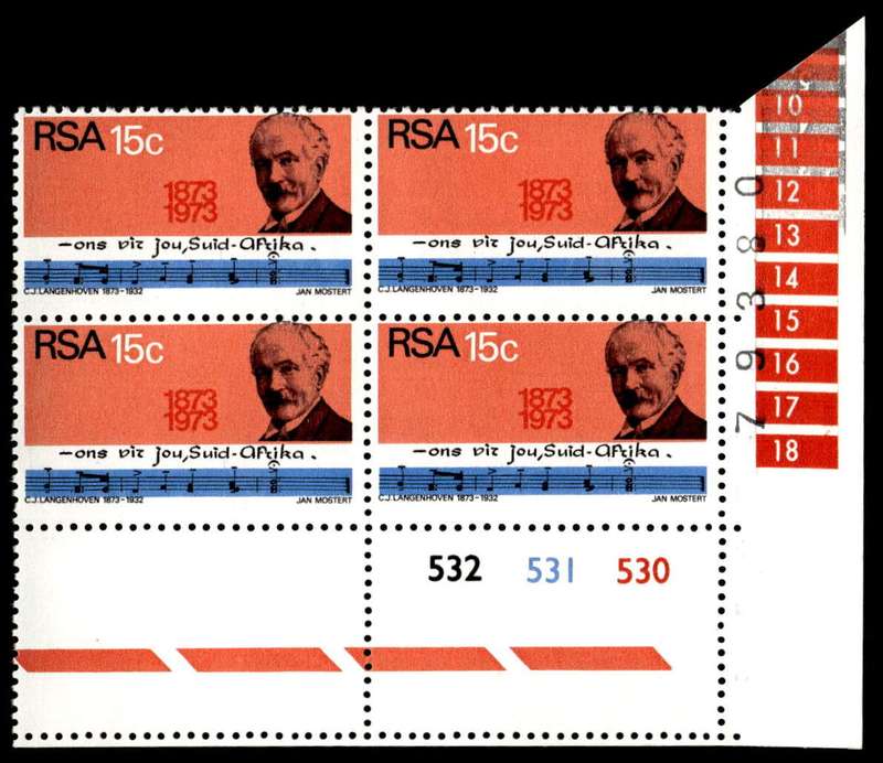 RSA 1973/08/01 Birth Centenary of C.J. Langenhoven Composer of the National Anthem 15c Control Block