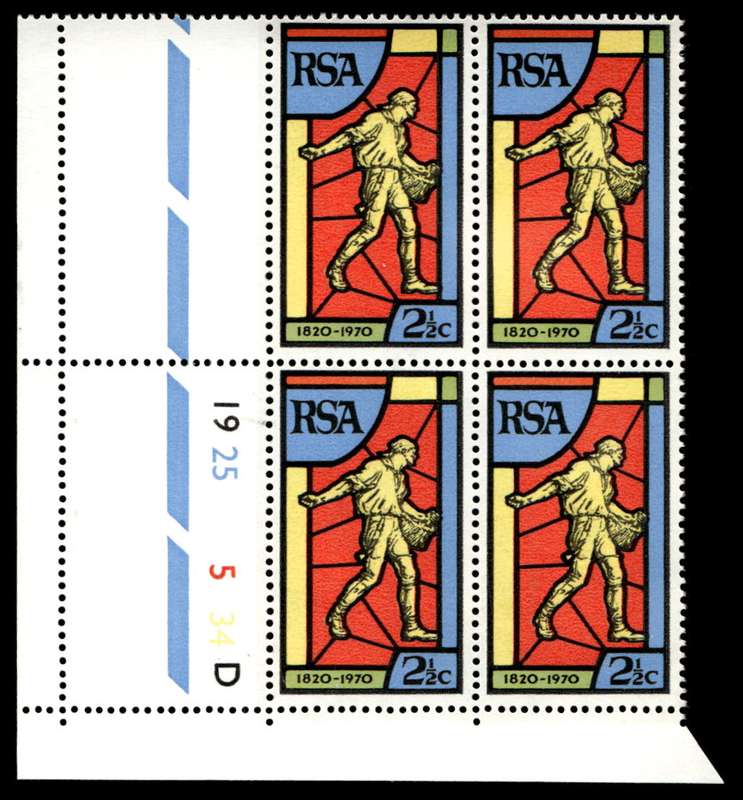 RSA 1970/08/24 150th Anniversary of Bible Society Wmk R.S.A 2½c Control Blocks Pane D