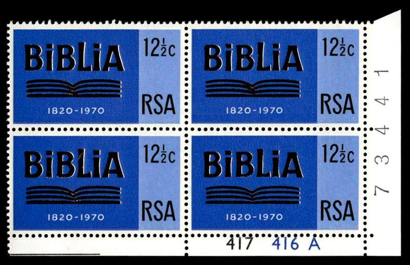 RSA 1970/08/24 150th Anniversary of Bible Society Wmk R.S.A 12½c Control Blocks Pane A