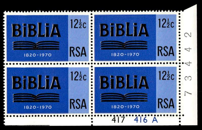 RSA 1970/08/24 150th Anniversary of Bible Society Wmk R.S.A 12½c Control Blocks Pane A