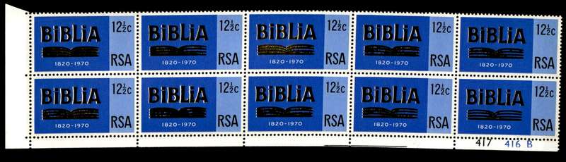 RSA 1970/08/24 150th Anniversary of Bible Society Wmk R.S.A 12½c Control Blocks Pane B (10 stamps)