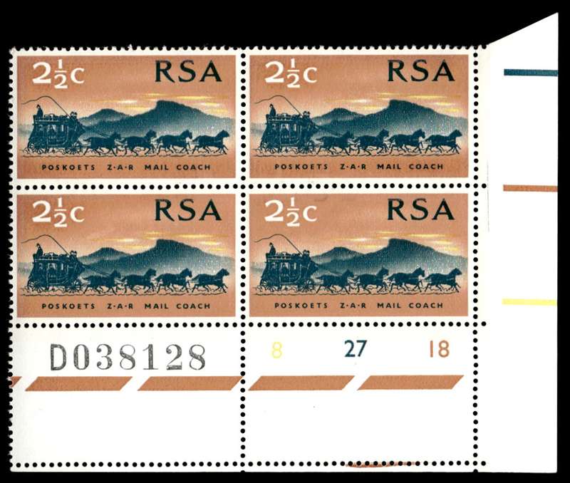 RSA 1969/10/06 100th Anniversary of Z.A.R Wmk R.S.A 2½c S/Paper Control Blocks Cylinder D