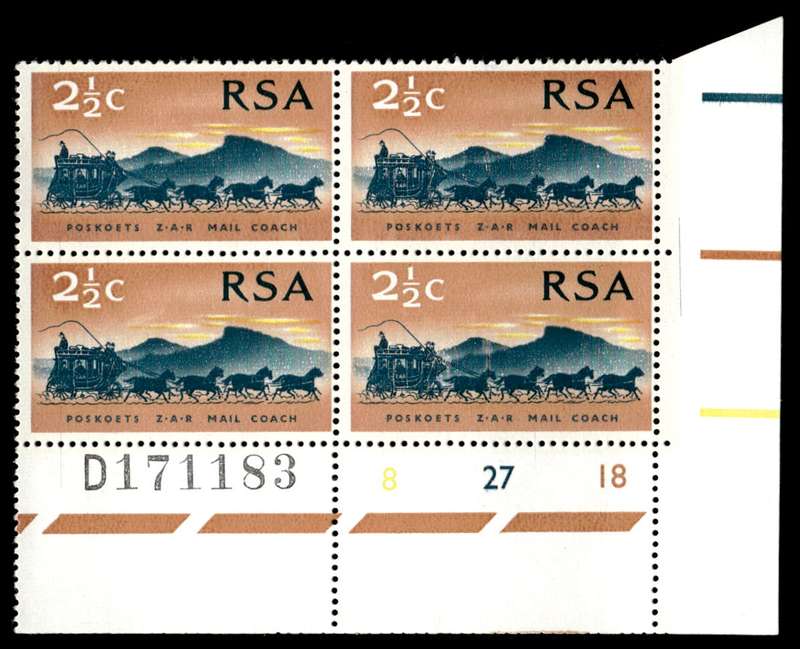RSA 1969/10/06 100th Anniversary of Z.A.R Wmk R.S.A 2½c S/Paper Control Blocks Cylinder D