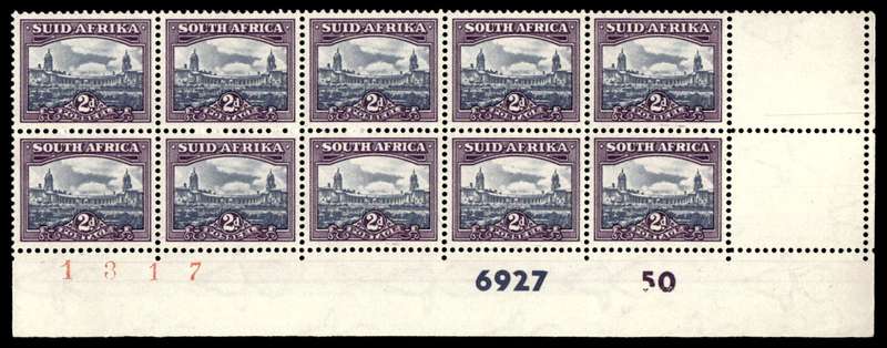 RSA 1950/04 Union Buildings 2d Cyl. No 6927 50 Wmk Springbok Head *10 Stamps
