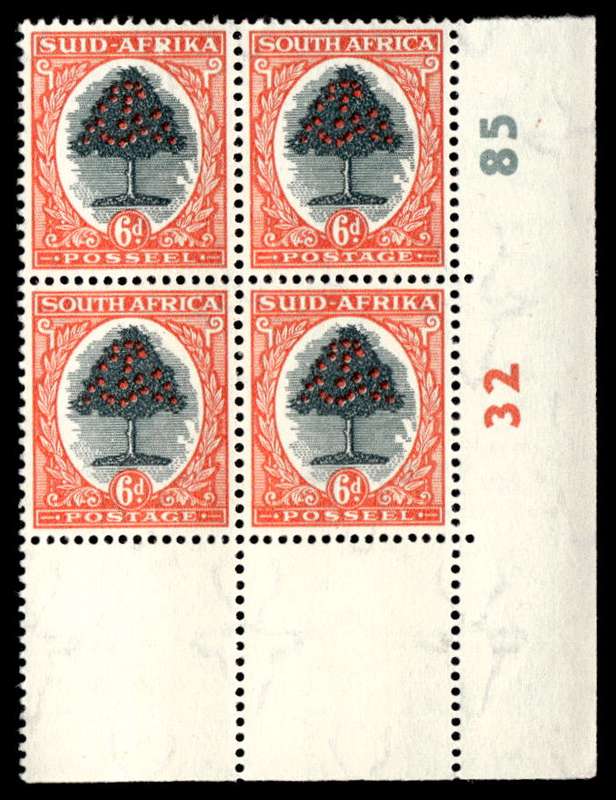RSA 1951 Definitive Issue 6d Cyl. No 32 85  Wmk Springbok Head