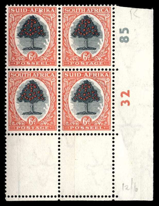 RSA 1951 Definitive Issue 6d Cyl. No 32 85  Wmk Springbok Head