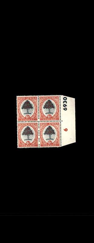RSA 1951 Definitive Issue 6d Cyl. No 6 6930  Wmk Springbok Head