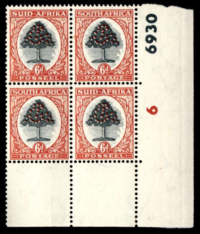 RSA 1951 Definitive Issue 6d Cyl. No 6 6930  Wmk Springbok Head