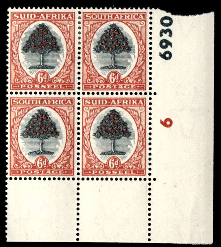 RSA 1951 Definitive Issue 6d Cyl. No 6 6930  Wmk Springbok Head
