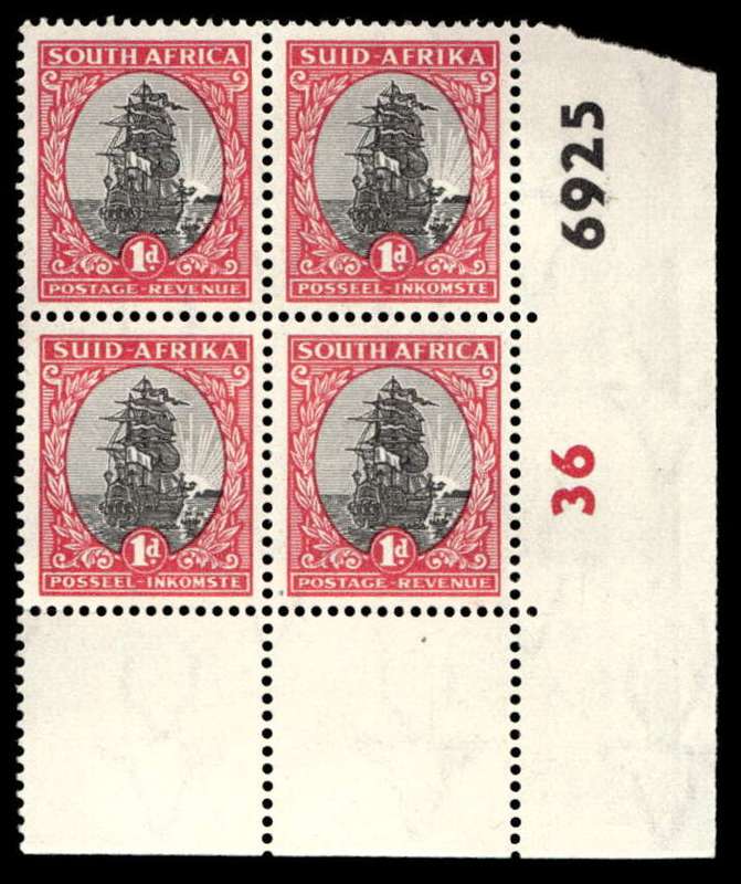 RSA 1951/02/22 Definitive Issue 1d Cyl. No 6925 36 Wmk Springbok Head