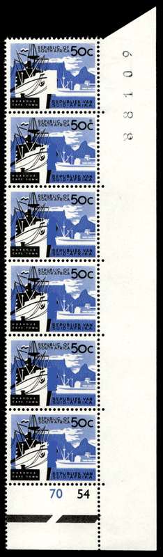 RSA 1962/09 Definitive Issue 50c Cyl. No 70 54 No Wmk. Black Sheet No 6 stamps