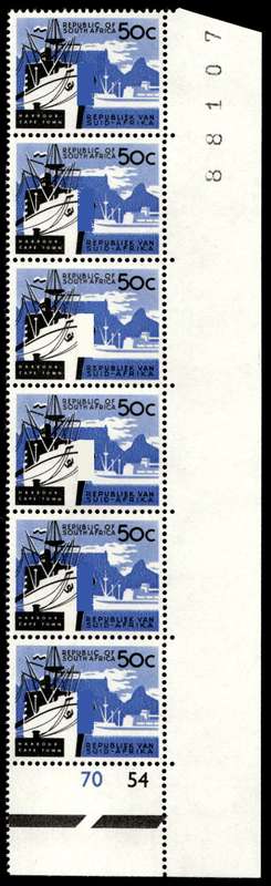 RSA 1962/09 Definitive Issue 50c Cyl. No 70 54 No Wmk. Black Sheet No 6 stamps