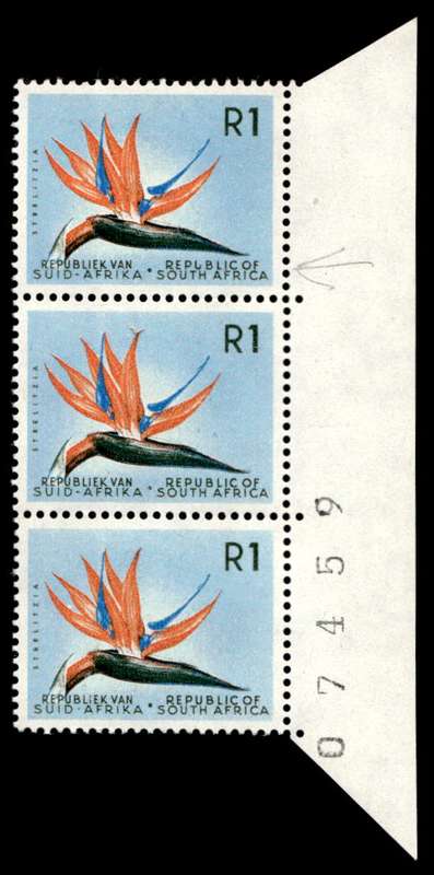 RSA 1961/05 Definitive Issue R1 Cyl. No 1 12 117 Wmk. CoA 3 stamps *Print error