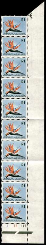 RSA 1961/05 Definitive Issue R1 Cyl. No 1 12 117 Wmk. CoA 10 stamps *Print error