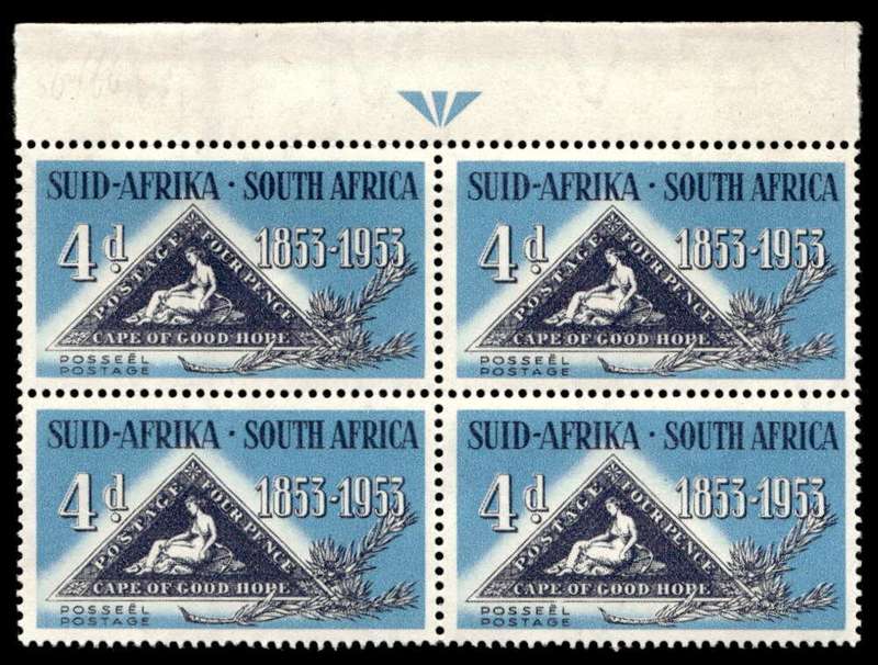 RSA 1953/09/01 Centenary of first issue of "Cape Triangular" stamps 4d Arrow Block Wmk MSH