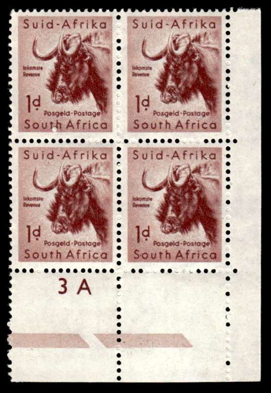 RSA 1954/10/14 Definitive issue 1d Black Wildebeest Cyl No. 3A Wmk COA