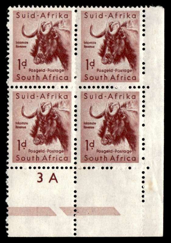 RSA 1954/10/14 Definitive issue 1d Black Wildebeest Cyl No. 3A Wmk COA