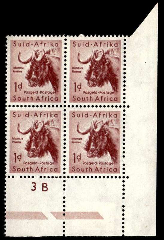 RSA 1954/10/14 Definitive issue 1d Black Wildebeest Cyl No. 3B Wmk COA