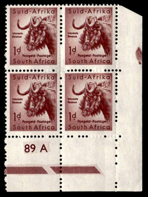 RSA 1954/10/14 Definitive issue 1d Black Wildebeest Cyl No. 89A Wmk COA